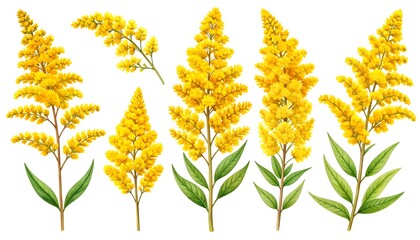 Watercolor illustration of vibrant goldenrod flowers set against a white backdrop