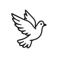 Artistic minimalist vector portrays a flying dove, created in black and white simplicity, outlined sharply with a neat solid black outline.