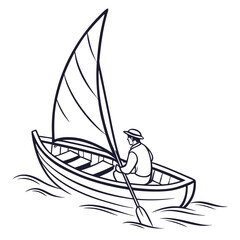 Vector art of a handdrawn illustration of a man sailing in a small boat, the boat has a sail and an oar, and the man is paddling the water is choppy, and the sky is clear