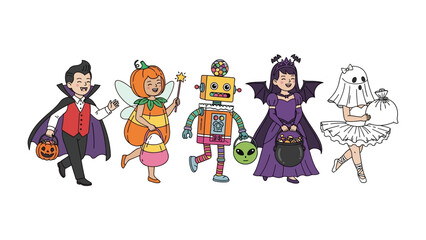 Halloween Parade: A whimsical parade of costumed kids, each showcasing imaginative characters and trick-or-treat bags in a lively procession, embodying the festive spirit of Halloween.