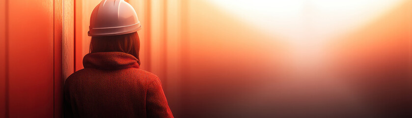 Confident woman wearing safety helmet and coat stands near wall with warm sunlight creating calm and focused atmosphere in background