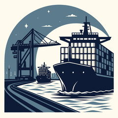 Illustration of a cargo ship and a crane at a port terminal, symbolizing global trade and logistics, the design is clean, modern and suitable for various applications