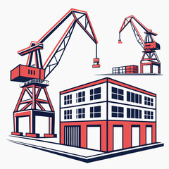 Vector art of stylized illustration of a warehouse and cranes, the design is clean and modern, suitable for illustrating logistics, storage, and industrial concepts