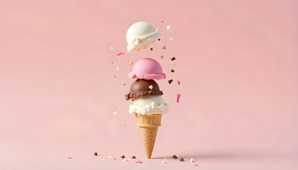 Three scoops of ice cream, white , pink and brown , floating above a cone, with some confetti in the air, white background.