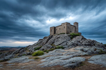 Obraz premium Stone castle ruins perched atop a rocky hill under a dramatic, cloudy sky.