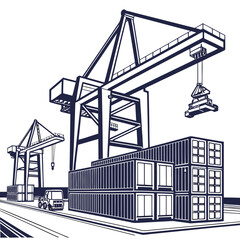 Vector art of detailed illustration of a bustling port with cranes lifting containers, highlighting the intricate network of global trade and logistics
