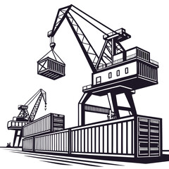 Illustration of a busy port with cranes lifting shipping containers, showcasing the global trade and logistics involved in moving goods across the world
