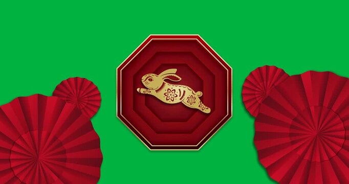 Animation of chinese new year gold rabbit and red decoration over transparent background