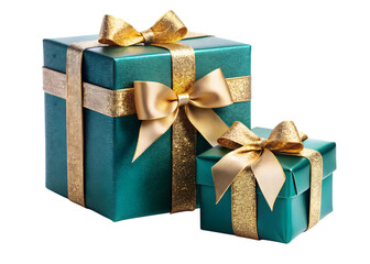 Two Teal Gift Boxes with Gold Ribbons and Bows on a Black Background