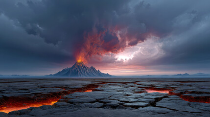 Fototapeta premium Striking landscape featuring a volcano erupting at sunset, with fiery lava flows across cracked earth.