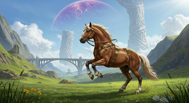 Sleipnir's Majestic Gallop Across Asgard with the Radiant Bifrost Bridge