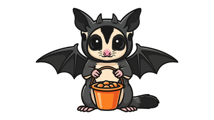 Spooky Sugar Glider: A charming cartoon illustration presents a sugar glider in a bat costume, holding a festive Halloween bucket.