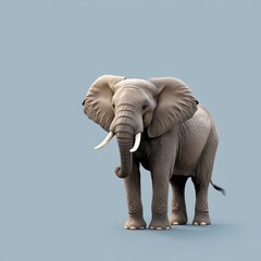 Obraz premium Elegant 4K wallpaper of a gentle elephant standing peacefully with trunk slightly lifted, soft blue minimalist background, showcasing detailed textures of wrinkled skin