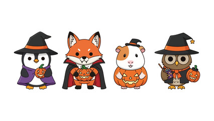 Halloween Animals in Costume: Adorable animals dressed in Halloween costumes, each holding a carved pumpkin, offering a playful and festive scene of spooky fun.