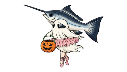 Whimsical Halloween Fusion: A charming cartoon portrays a fusion of halloween and ocean, where a graceful ghost and a swordfish blend together, creating a unique and imaginative image.