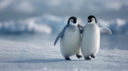 Two Adorable Baby Penguins Walking Together on Icy Terrain