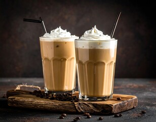 Two iced coffee drinks topped with whipped cream