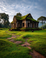 This evocative image showcases an ancient, weathered temple in Southeast Asia, its stone structure partially covered in lush moss and vegetation, blending into the natural landscape.