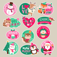Set of cute animals, Santa Claus and snowman with Christmas quotes design for stickers, patches or badges.