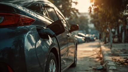 Car Refueling at Sunset on a Quiet Urban Street with Trees
