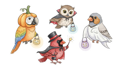Spooky Feathered Friends: A delightful ensemble of avian characters in enchanting Halloween costumes, each clutching a lantern, ready for a night of trick-or-treating.