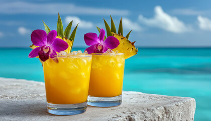 Two refreshing tropical cocktails, adorned with pineapple wedges and vibrant orchids, sit on a stone surface against a stunning turquoise sea and blue sky, inviting relaxation and vacation vibes.