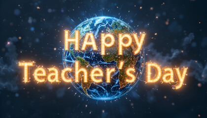 Obraz premium Happy teachers day illuminated on a digital earth, surrounded by a cosmic nebula, expressing universal gratitude and celebration for teachers contributions