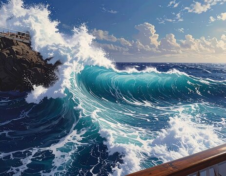 A massive turquoise wave crashes on a rocky coast