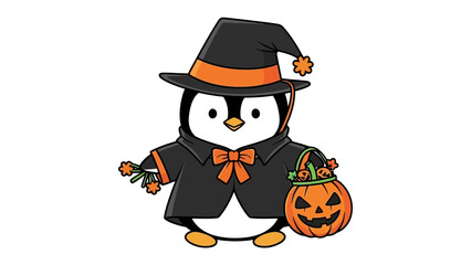 Spooky Penguin: A cute penguin in a festive attire, holding a Halloween pumpkin basket, stands ready to embrace the holiday's magic.
