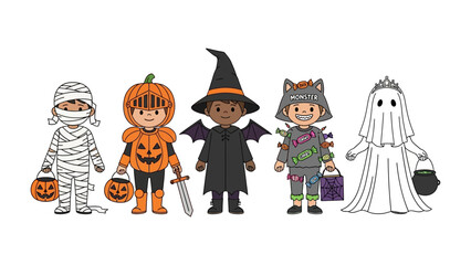 Halloween's Festive Friends: A vibrant illustration showcases five children in whimsical Halloween costumes, each clutching a carved pumpkin bucket.