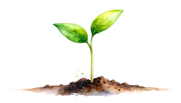 Watercolor Illustration of a Young Plant Emerging from the Earth
