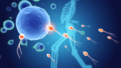 Orange sperm cells approaching blue ovum with skeletal figure fertilization biology