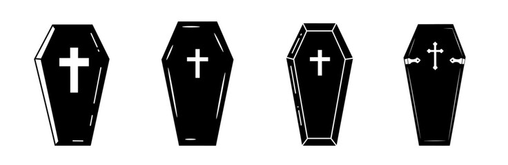 A set of four black coffin icons with white Christian crosses, depicted in a simple vector style on a white background.