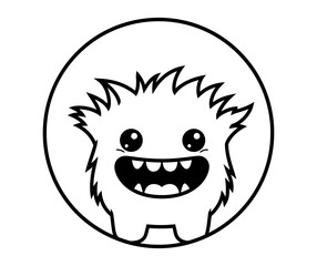 Cartoon monster with a big smile inside a circle, black and white drawing.