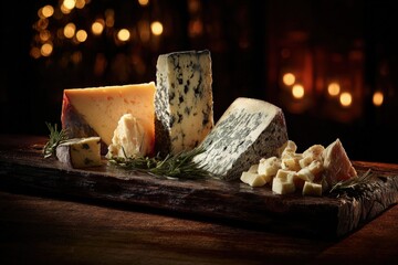 Assorted Cheeses On Wooden Board
