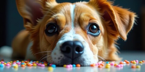 A curious canine rests its chin on a scattering of colorful sweets, its expressive eyes gazing intently at the viewer, a heartwarming portrait of a playful pet and sugary delights.