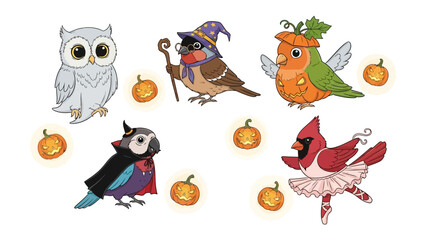 Halloween Bird Extravaganza: A delightful collection of six creatively adorned birds celebrates Halloween, each embodying a unique costume in a captivating and cartoonish artistic style.