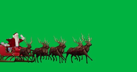 Animation of christmas santa claus in sleigh with reindeer on transparent background - Powered by Adobe