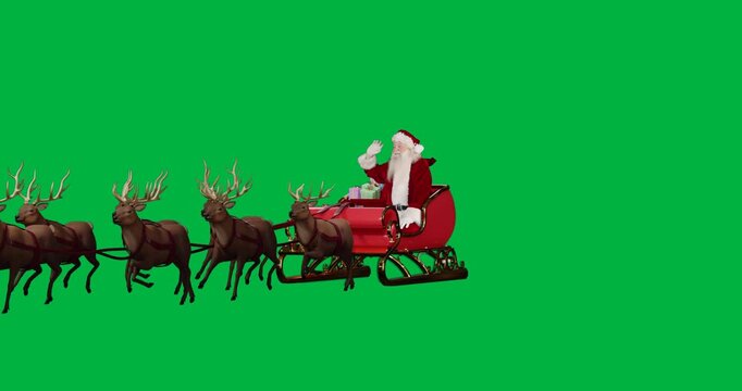 Animation of christmas santa claus in sleigh with reindeer on transparent background