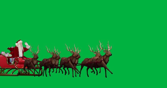 Animation of christmas santa claus in sleigh with reindeer on transparent background