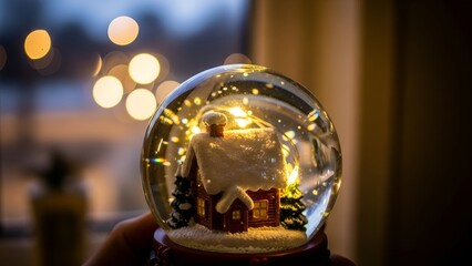 A hand holding a snow globe with a miniature house illuminated by warm, soft lights.