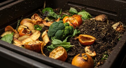 Composting organic waste in a bin with broccoli and fruit