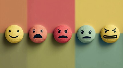 Diverse emotional faces displayed in a row, from happy to angry, representing customer feedback and mood analysis in a vibrant, modern setting