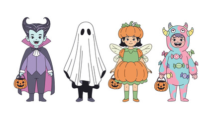 Spooky Costume Characters: A collection of four whimsical costume characters, ready for Halloween night.