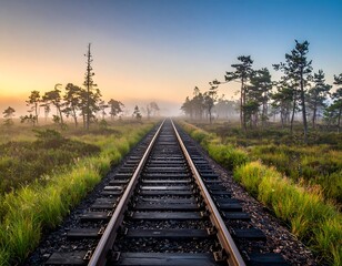 Tranquil railroad tracks through a misty morning landscape