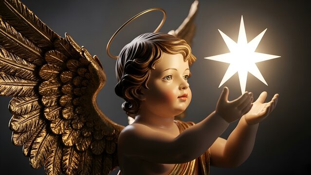 A cherubic angel figure with golden wings and halo holding a bright, radiant star.