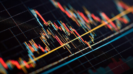 Stock market analysis with colorful graph and price fluctuations  