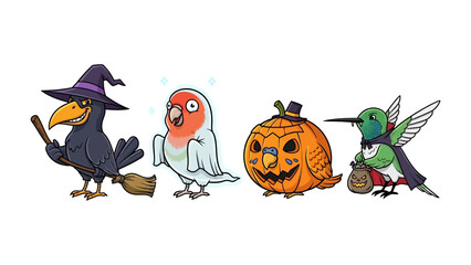 Halloween Birds Parade: Delightful collection of birds in playful Halloween costumes, offering a whimsical and cheerful representation of the holiday.