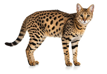 Obraz premium Captivating Savannah Cat Portrait, A Graceful Feline with Striking Spots on Clean Background