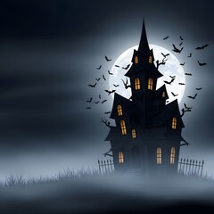 Spooky haunted house silhouette against a large full moon with bats flying around